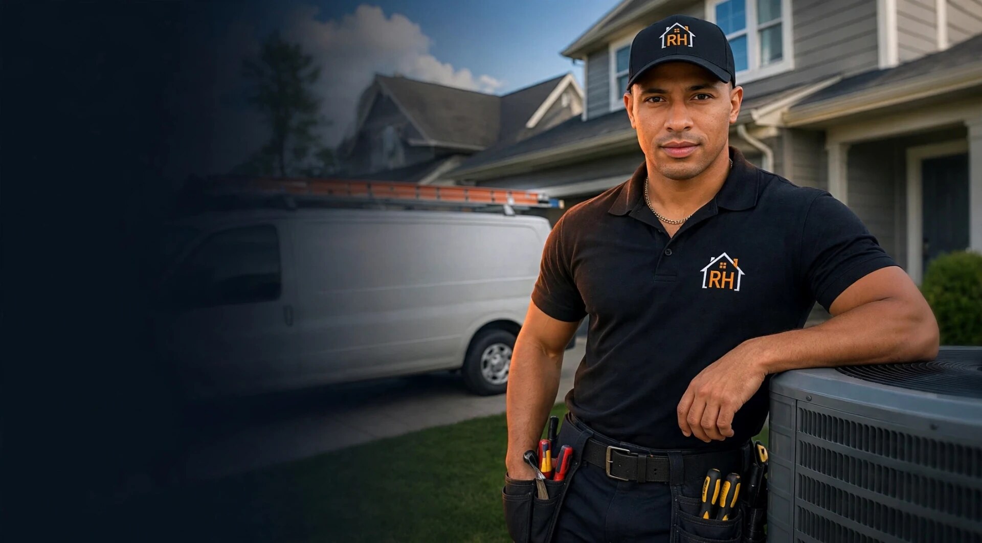 Robe HVAC technician wearing a company-branded shirt and cap with the embroidered logo.
